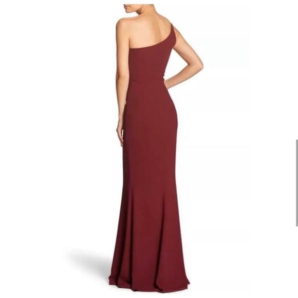 Dress The Population maroon Amy one shoulder crepe gown bridesmaid side slit M - Picture 3 of 13